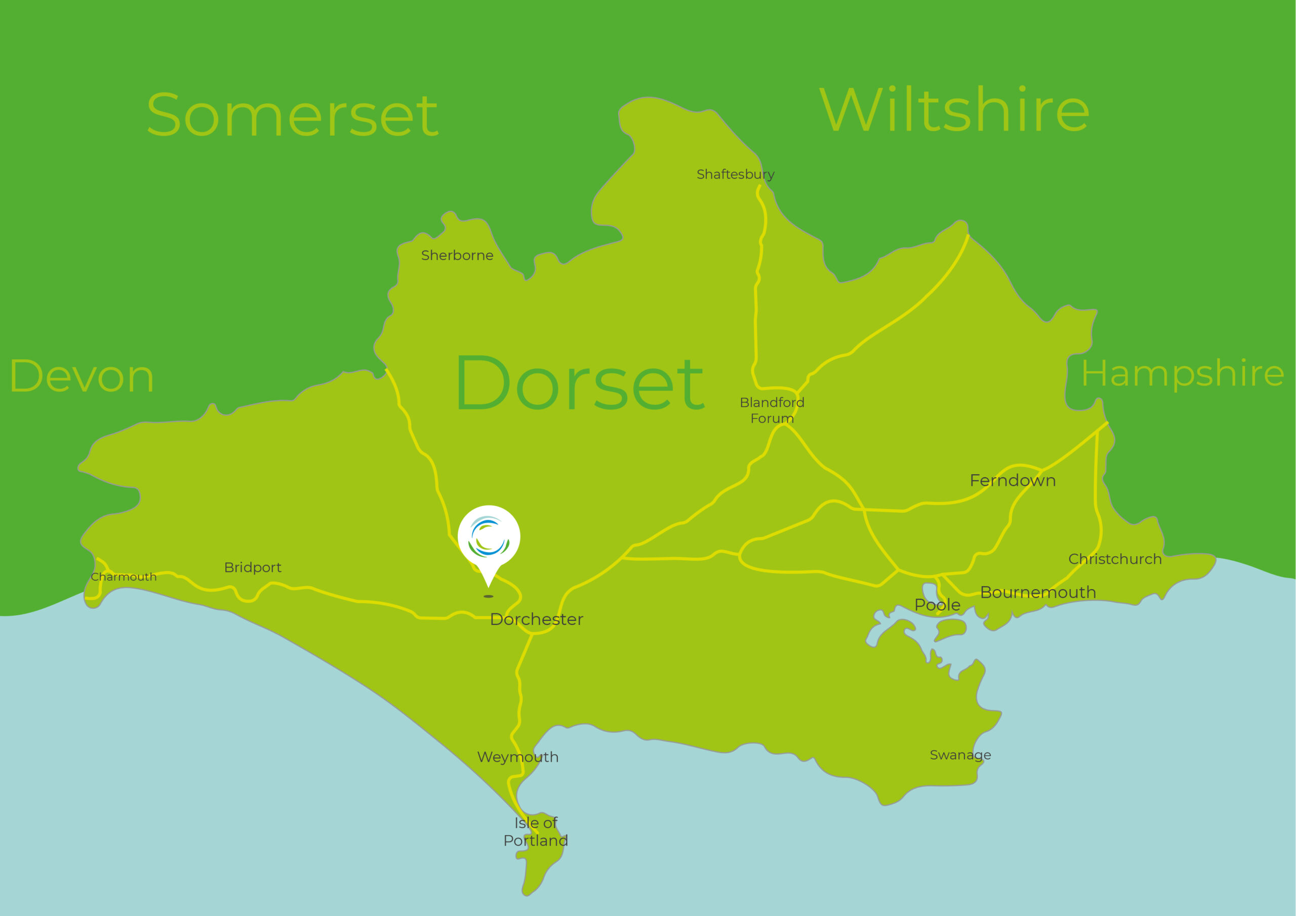 Map of Dorset showing the PiP in Poundbury