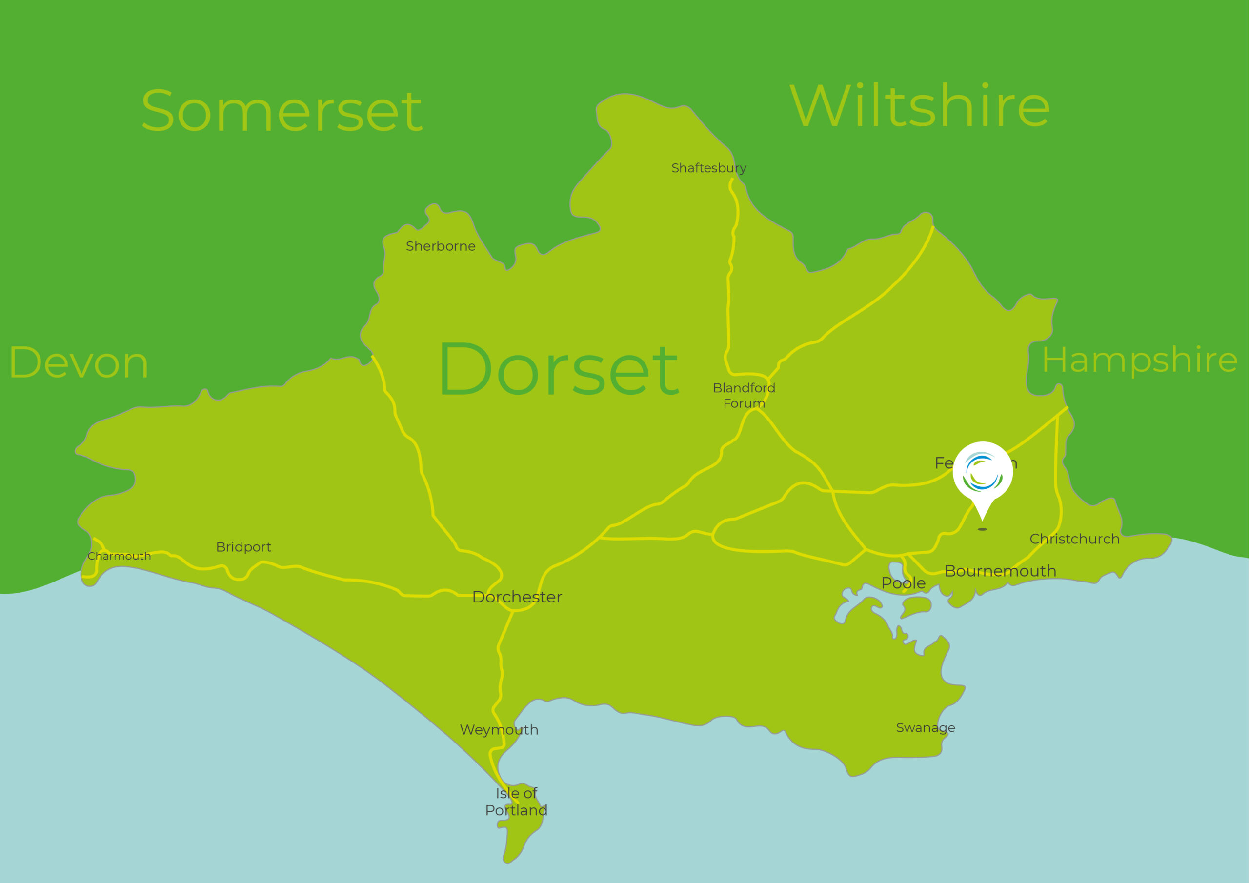 Map of Dorset showing the location of Moors Valley Country Park