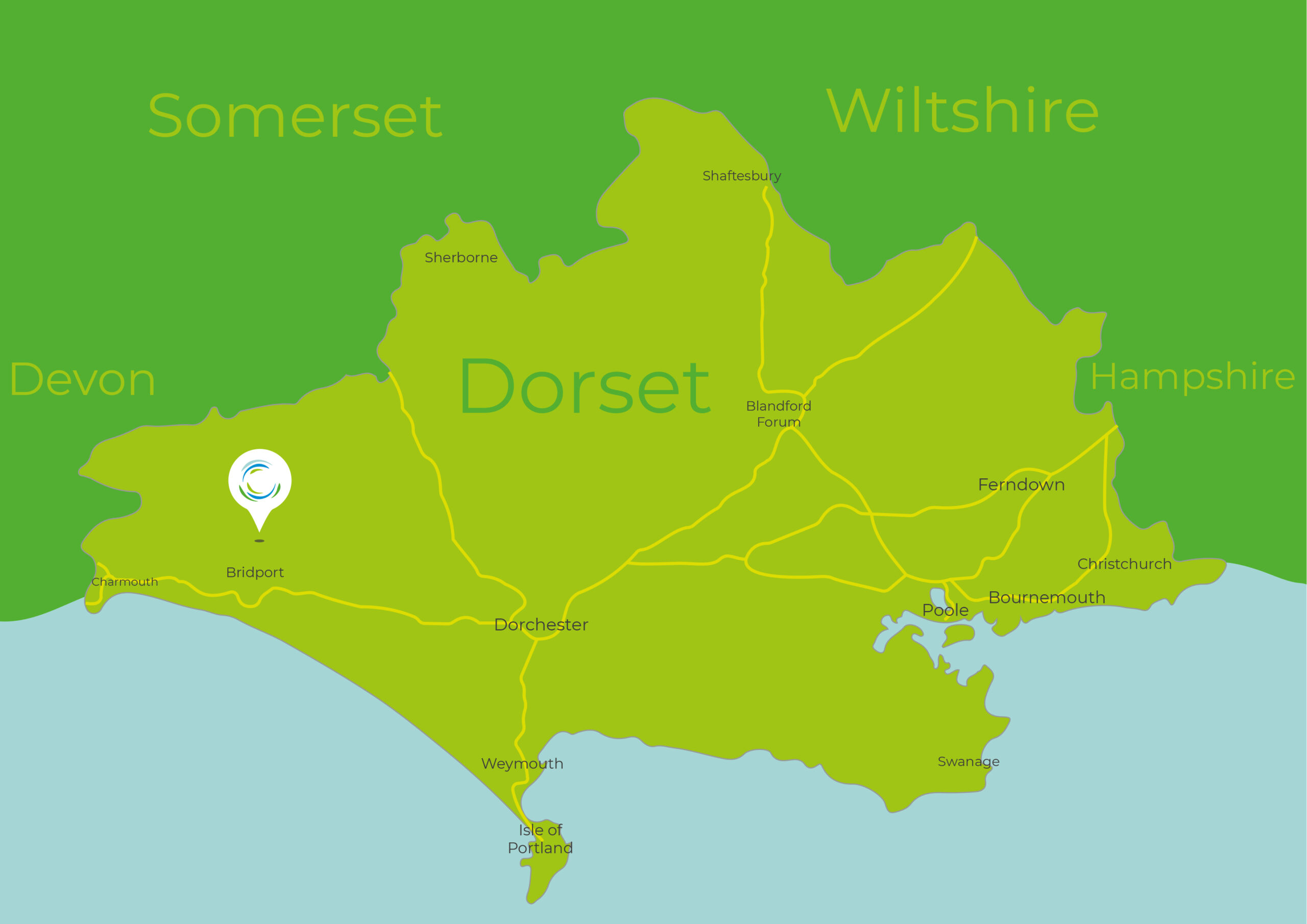 Map of Dorset showing Washingpool Farm Shop location